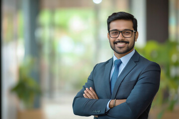 Fototapeta premium A man, a businessman of Indian appearance, a lawyer in a business suit for a law firm, close-up with a smile on his face. Business style. Office work concept. Advertising banner.