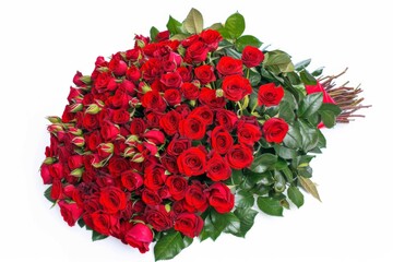 A stunning bouquet of 101 vibrant red roses elegantly presented against a pristine white background for any special occasion