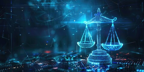 The scales of justice rendered in 3D, floating in a digital void with holographic symbols representing different legal concepts, abstract and futuristic design. 