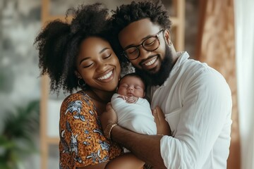 Fototapeta premium Joyful african american family smiles and laughs together, holding their newborn baby at home. It's a heartwarming portrait of love and togetherness
