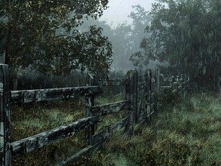 Fototapeta premium A wooden fence runs through a misty forest, leading to a mysterious gate.