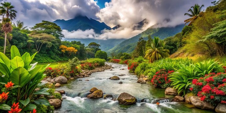 Vibrant tropical flowers and lush greenery surround a serene mountain river in Boquete, Panama, surrounded by misty cloud-covered peaks and a tranquil atmosphere.
