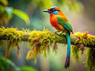 Obraz premium Vibrant turquoise and orange feathers glow in sunlight as a majestic motmot perches on a moss-covered branch, its long tail feathers flowing like a rainbow.