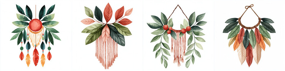 Obraz premium A boho-style ornament with macrame details, watercolor illustration, muted reds and greens, clipart style, isolated on white background