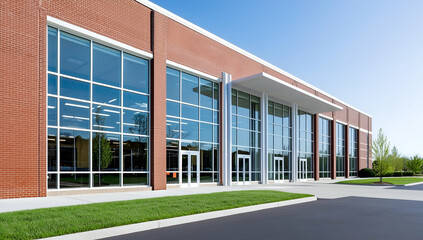 Modern School Building with Large Windows and Red Brick Exterior