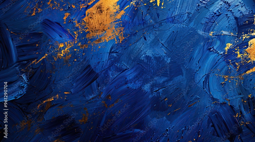 Canvas Prints fluid brushstrokes in cobalt blue and gold with textures create a dynamic post-impressionist backdro