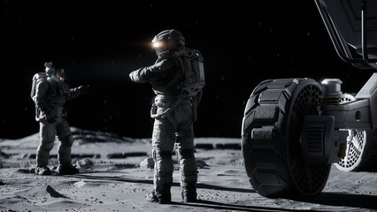Two astronauts stand next to a large lunar rover, one checking a HUD display 