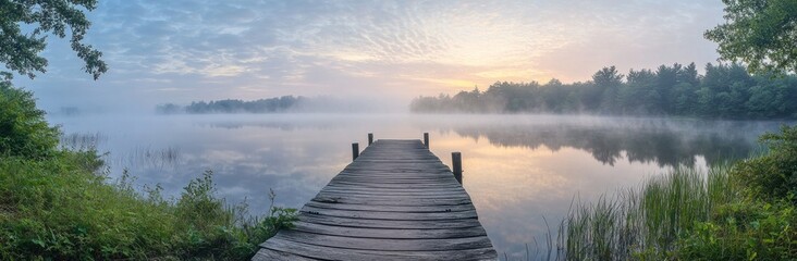 Peaceful Dawn on the Mist-Shrouded Lake