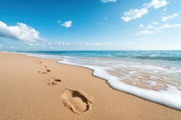 Fresh Footprints Leading to the Ocean's Embrace Beneath a Beautiful Sky and Gentle Waves