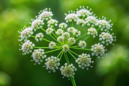 Asymmetrical heart-shaped inflorescence of Pimpinella major, also known as Greater Burnet Saxifrage or Hollowstem Burnet Saxifrage