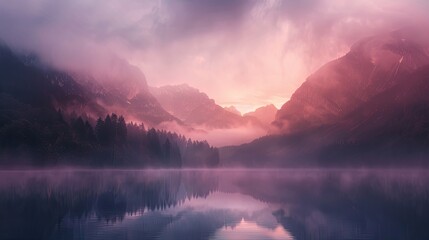 Fototapeta premium Backdrop featuring a misty lake at dawn with warm light and fog layers creating a serene ambiance