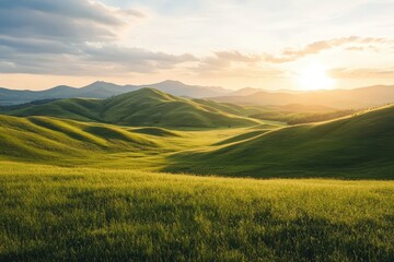 Fototapeta premium Bright Sunrise Over Rolling Hills: A Visual Symphony of Hope and Tranquility Awaits You