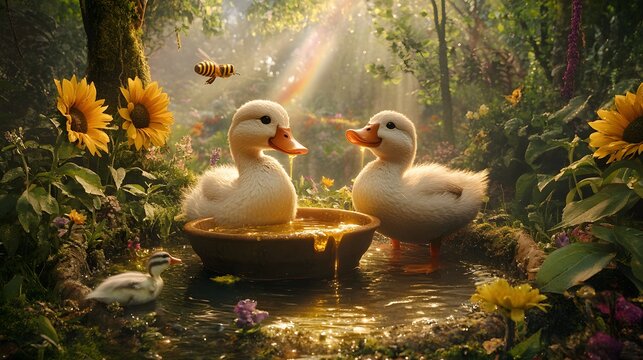 White call ducks sipping honey from a bowl, with bees buzzing around, sunflowers, and a beautiful rainbow lighting up the sky in the forest