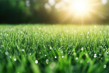Fototapeta premium Morning Dew Shimmers on Lush Green Grass Under the Warm Glow of a Rising Sun, Nature Awaits