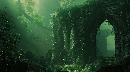 Background showcasing overgrown forest ruins moss-covered stones illuminated by soft mystical light