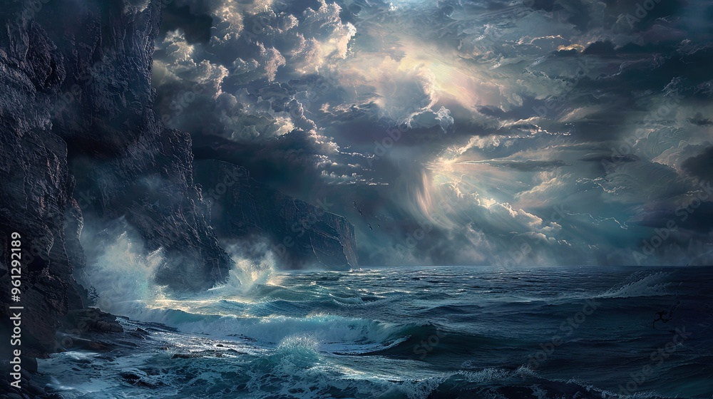 Sticker Background featuring a dramatic cliffside stormy sea and dark clouds with soft light breaking through