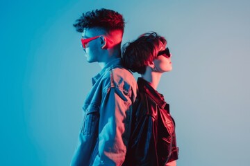 Stylish young couple embracing in trendy outfits against vibrant neon backdrop during a dynamic photo shoot