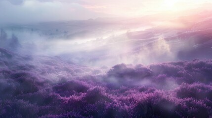 Fototapeta premium Background of a misty moorland at dawn soft purple heather and rolling fog illuminated by gentle light