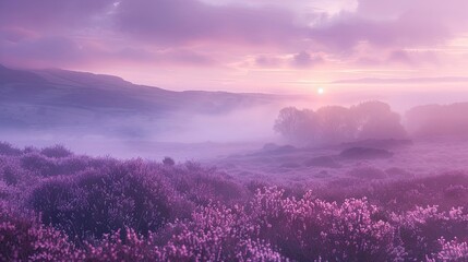 Fototapeta premium Background showcasing a misty moorland at dawn with rolling fog and purple heather illuminated by soft light