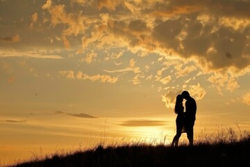 A silhouetted couple shares a tender kiss against a vibrant sunset, encapsulating love and romance on a beautiful evening