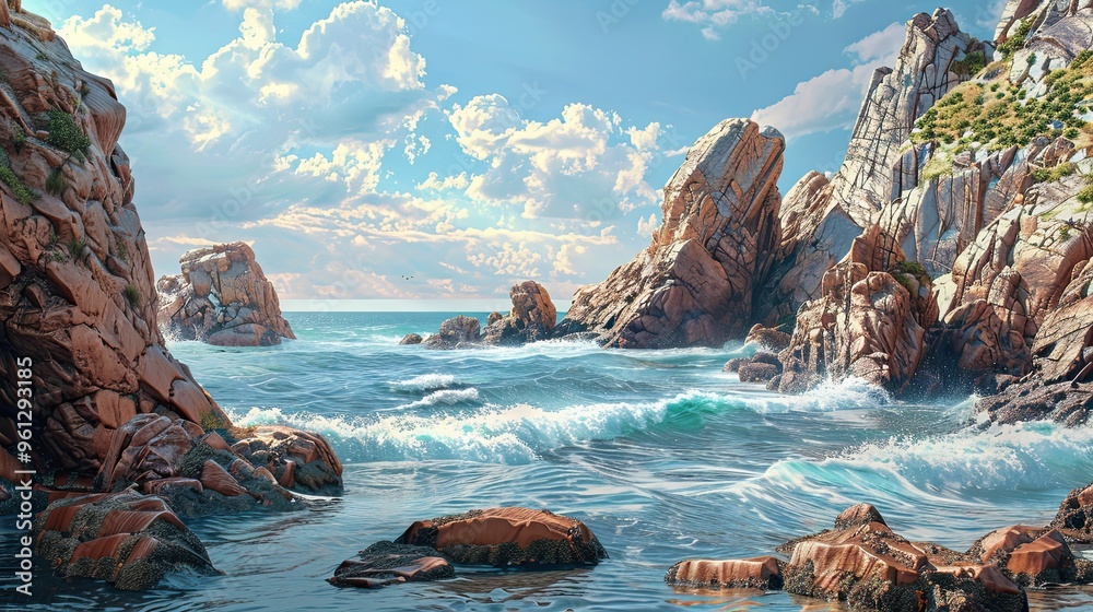 Sticker background of a rocky coastline with detailed textures soft waves and a clear sky reflecting natural