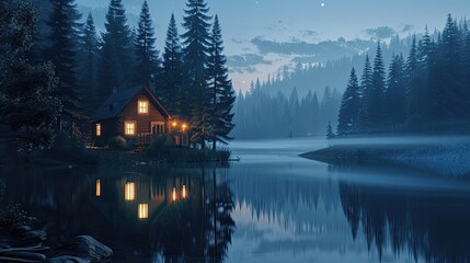 Obraz premium Background of a twilight lakeside cabin surrounded by tall pines soft glowing lights and a calm lake