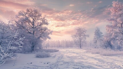Backdrop showcasing a serene winter landscape at dawn snow-covered trees and pastel hues in the sky