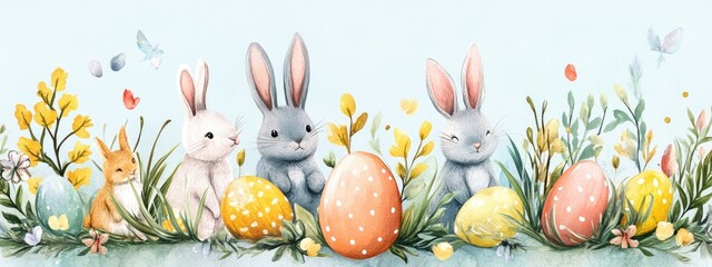 Charming Easter Bunnies Surrounded by Colorful Eggs and Spring Blooms