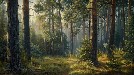 Fototapeta premium Background featuring a serene forest with towering pines intricate bark and soft light filtering through the canopy