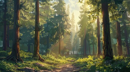 Obraz premium Backdrop showcasing a tranquil forest of towering pines detailed bark and soft sunlight creating calm