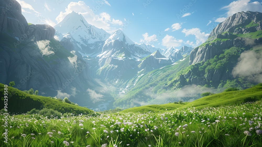 Sticker Scenic mountain valley wallpaper with soft light and green meadows in the background