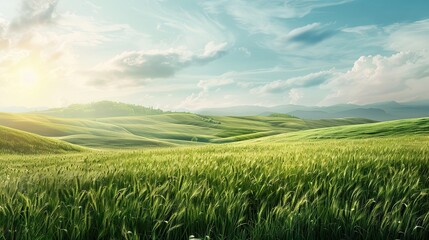 Obraz premium Peaceful rural scene with rolling hills under a bright blue sky background