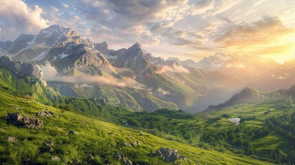 Naklejka premium Mountain valley wallpaper with green meadows and gentle light for a calm atmosphere