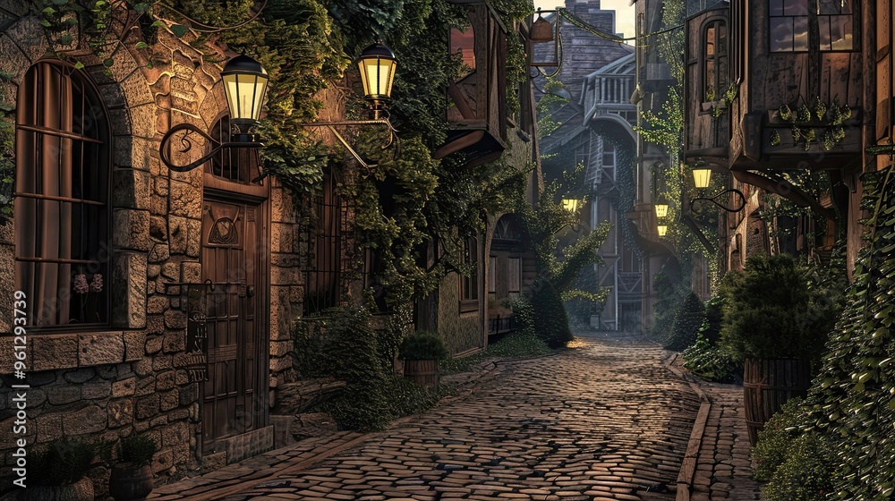 Canvas Prints Ivy-covered street background with cobblestone road and warm light from vintage lamps