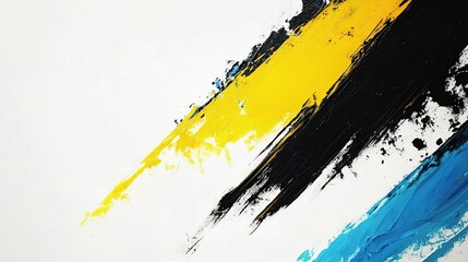 Abstract painting featuring bold strokes of yellow, black, and blue on a white background.