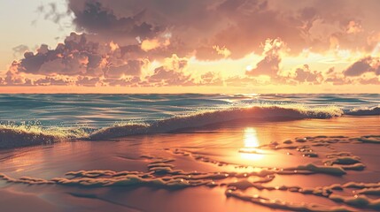 Wallpaper showing a calm beach at sunset with smooth sand and glowing waves
