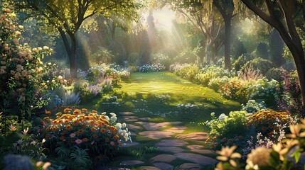 Spring garden scene with flower beds and soft dappled light filtering through trees