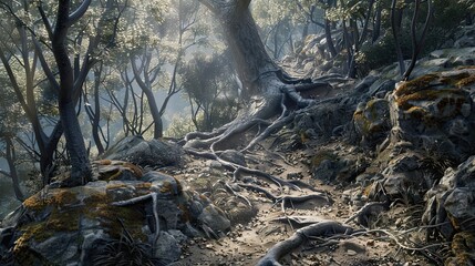 Winding mountain trail backdrop with rocks and roots under soft dappled light