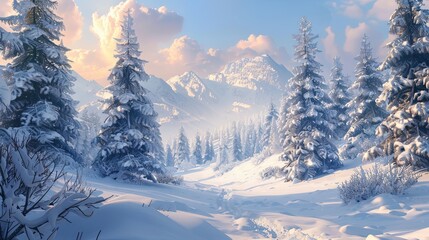Winter landscape wallpaper with snow-covered pines and a pale blue sky