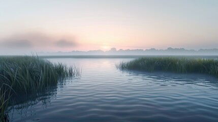 Fototapeta premium Wallpaper of a serene marshland at twilight with glassy water and glowing horizon