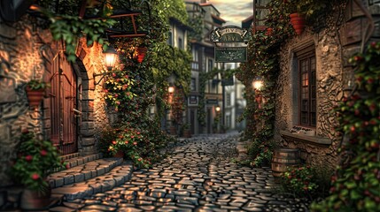Fototapeta premium Backdrop of a cobblestone street in an old village with ivy walls and warm light