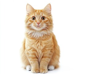 Obraz premium A cat with orange fur is sitting on a white background. The cat has a curious expression on its face , ai