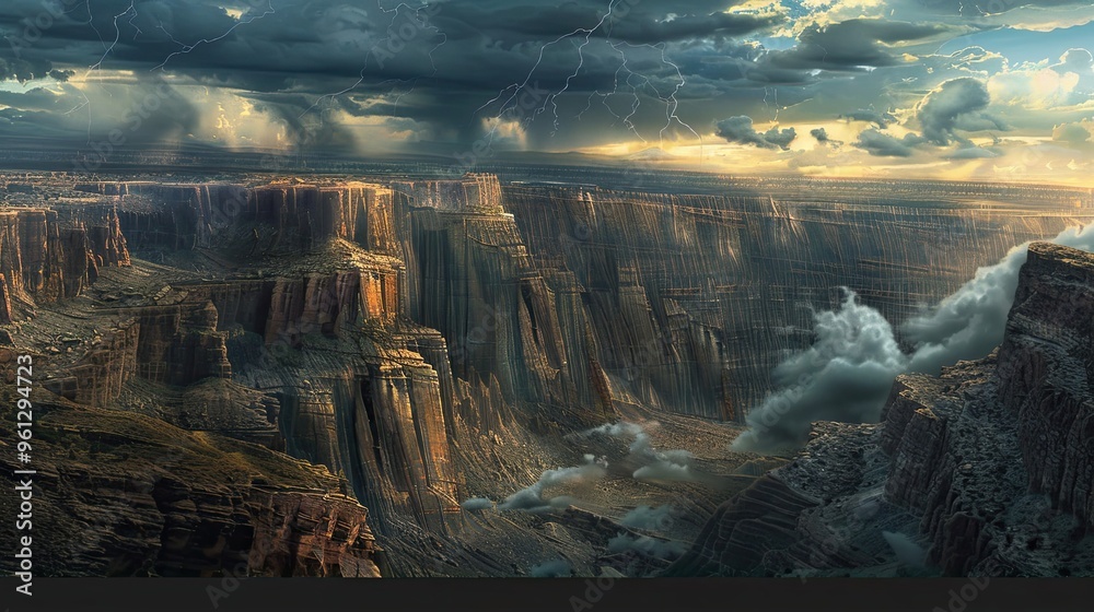 Poster wallpaper of a canyon with intricate rock layers and a stormy sky