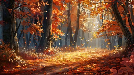 Background of a detailed autumn forest with rich foliage soft light and fallen leaves