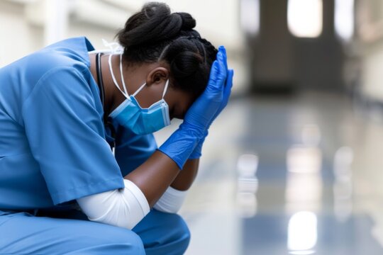 Exhausted African scrub nurse reflects on burnout while sitting on a hospital floor during the coronavirus pandemic
