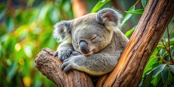 Asymmetrical serene shot of a koala sleeping in a eucalyptus tree