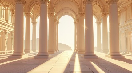 Fototapeta premium Backdrop of an ornate columned archway with soft light and a clear serene sky