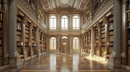 Obraz premium Classical library scene with ornate woodwork and diffused light from large windows