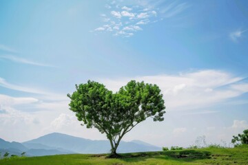 Obraz premium A majestic heart-shaped tree stands alone on a grassy hillside under a serene blue sky, embracing nature's beauty and tranquility