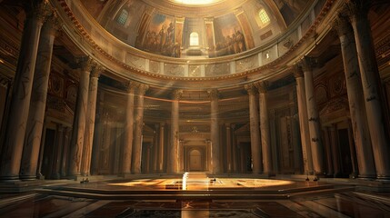 Obraz premium Background of a grand rotunda with frescoes on a detailed dome and soft ambient light